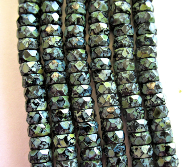 50 6 x 3mm Czech glass faceted rondelle beads - jet black picasso flat spacer beads or rondelles - C00801