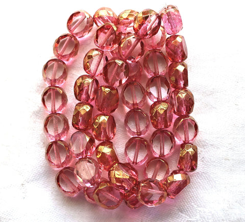 Five 12mm round, faceted. table cut Czech glass beads, pink & gold picasso window beads,, chunky statement , focal beads 611101