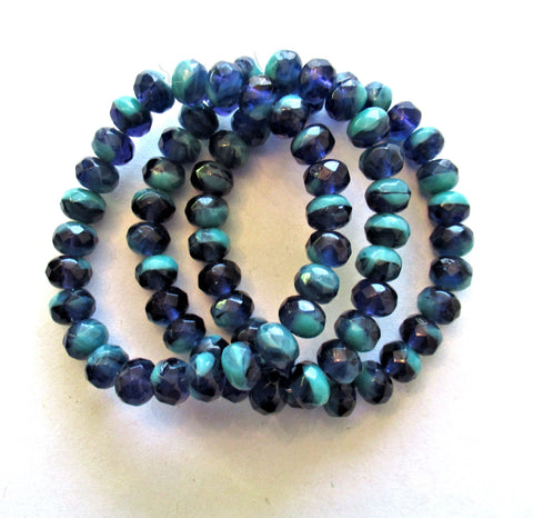 25 Czech glass puffy rondelle beads - 5 x 7mm transparent purple / tanzanite & opaque turquoise blue green color mix faceted rondelles 00051