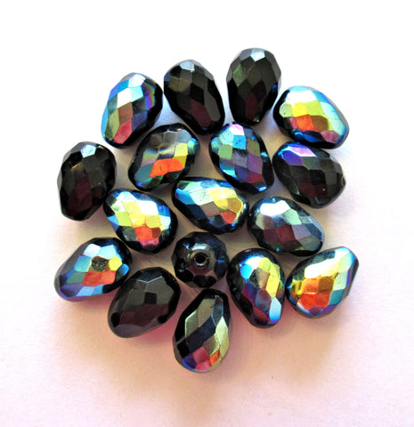 Six large Czech glass teardrop beads - Jet Black AB - 16 x 12mm faceted fire polished drop beads C00871