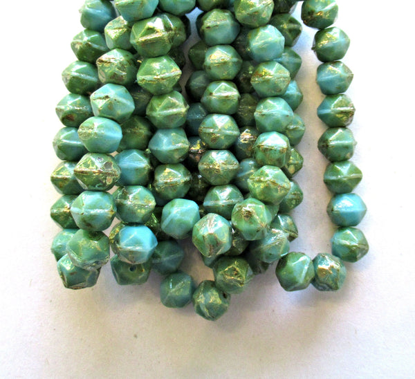 20 8mm Czech glass faceted English cut beads - turquoise blue green beads with a picasso finish - C00031