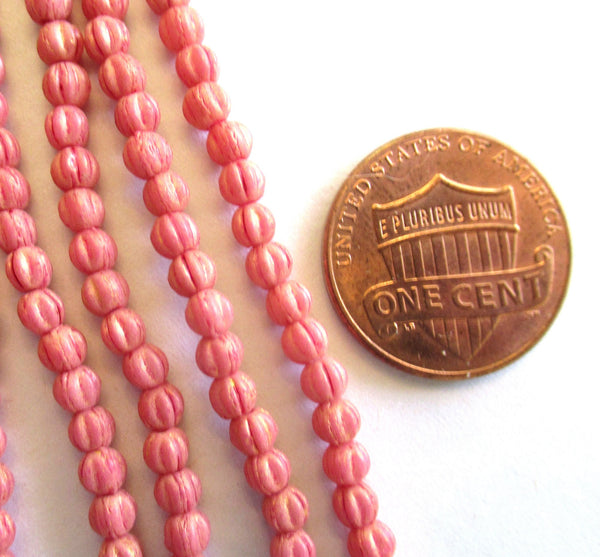 100 3mm Czech glass melon beads - pacifica watermelon opaque matte pink pressed glass beads - C00701