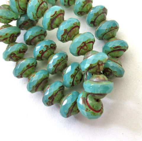 Fifteen Czech glass mini saturn beads - 6 x 8mm translucent seafoam green picasso beads - faceted fire polished saucer beads - C00522