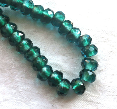 Ten Czech glass roller beads, 9 x 6mm viridian, teal or emerald gold lined, faceted round rondelle beads, big 3mm hole, large holes C08110