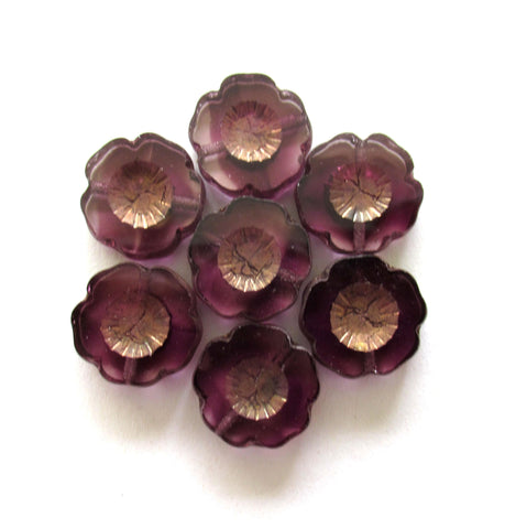 Six 14mm Czech glass flower beads - transparent marbled light and dark amethyst purple with a bronze picasso finish - Hawaiian flowers 00231