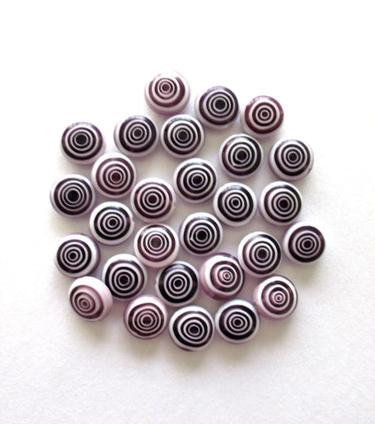 Ten 10mm glass coin beads - amethyst / purple and white disc beads - target or concentric circles beads - C0001