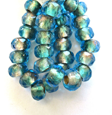 Five 12 x 8mm faceted Czech glass roller or rondelle beads - light capri blue gold lined - big 5mm holes, big hole focal beads 00821