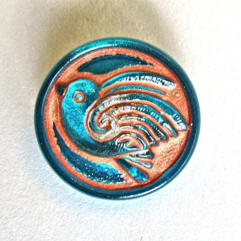 One 18mm Czech glass bird button - teal blue green with a copper wash - art glass decorative shank buttons 000572