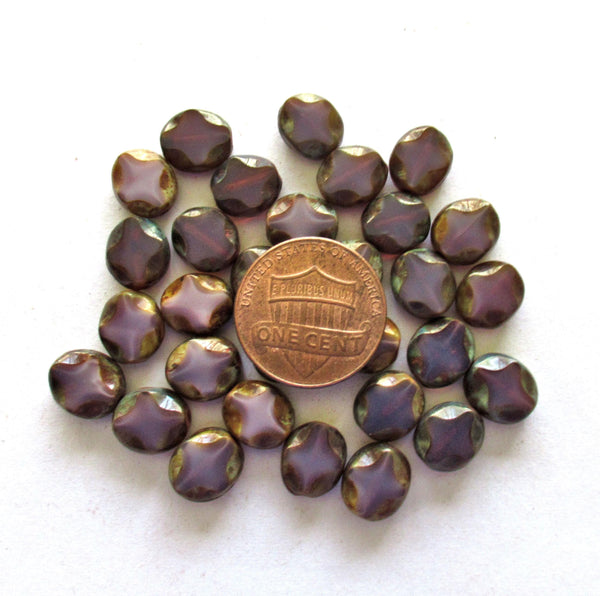 15 Czech glass oval beads - 9 x 8mm purple / amethyst oval with a Picasso finish - carved table cut beads with a diamond pattern - C0251