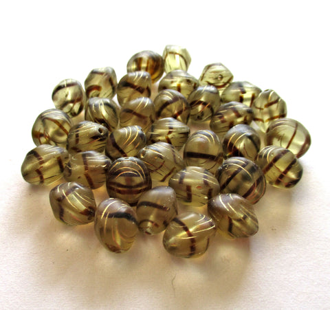 Lot of fifteen oval 10 x 9mm Czech glass snail beads - tortoise - tortoiseshell and gold carved glass snail beads - C00111