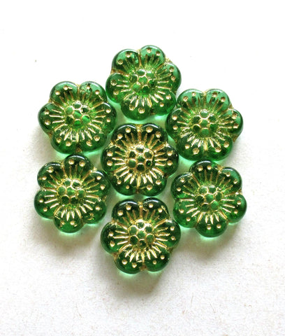 Ten Czech glass wild rose flower beads - 14mm transparent green floral beads with a gold wash C0059