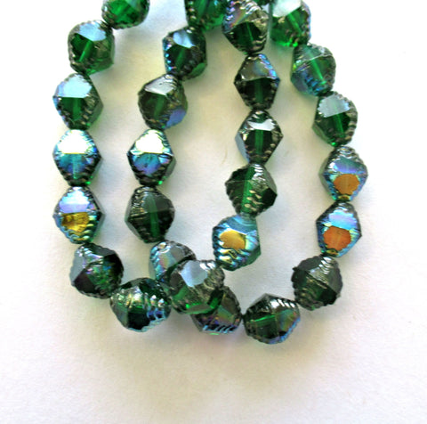 Fifteen Czech glass bicones - 10 x 8mm emerald green ab w/ silver accents - table cut carved notched bicone beads - C00362