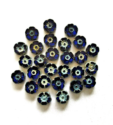 Ten Czech glass flower beads - 10mm transparent cobalt blue picasso Hawaiian hibiscus flowers - table cut carved floral - C00101