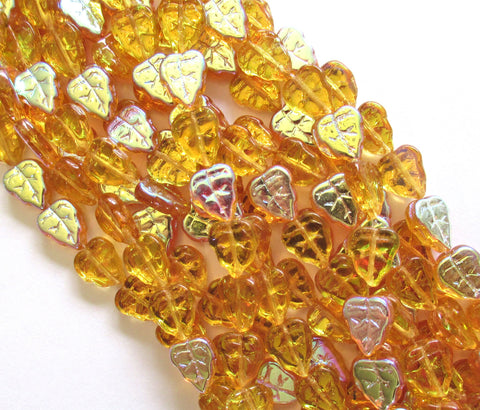 Lot of 25 Czech glass leaf beads - Amber Topaz AB - center drilled 8 x 10mm beads C0035