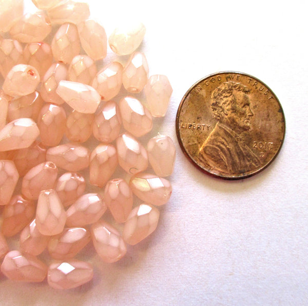 Lot of 25 7 x 5mm Czech glass teardrop beads - coated milky pink - faceted fire polished drop beads - C00211