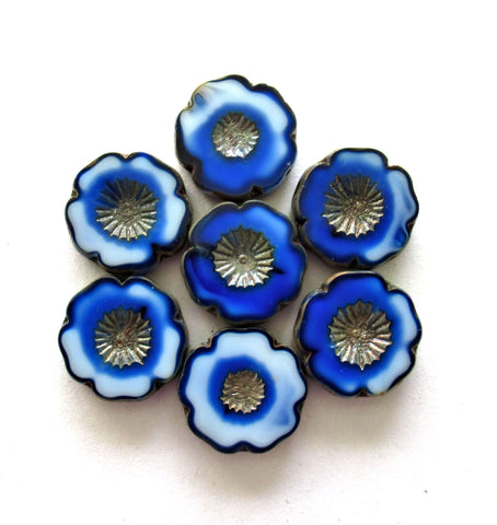 Six 16mm Czech glass flower beads - opaque marbled blue & white with silvery picasso accents - Hawaiian hibiscus flowers - 00612