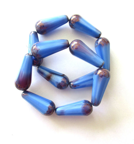 Six Czech glass 20mm faceted teardrop beads - opaque cornflower blue drop beads with purple streaks - 9 x 20mm elongated tear drops 00262