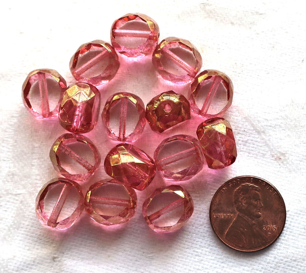 Five 12mm round, faceted. table cut Czech glass beads, pink & gold picasso window beads,, chunky statement , focal beads 611101