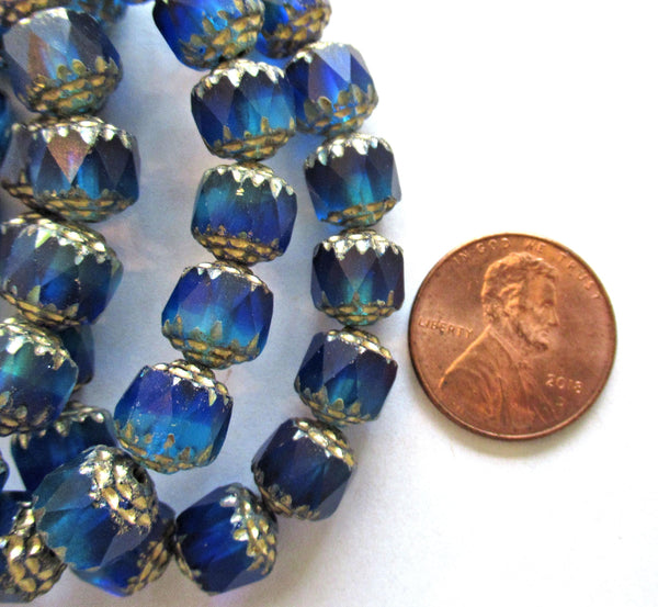 Fifteen 8mm Czech glass cathedral beads - sapphire & aqua blue mix w/ gold picasso accents - faceted fire polished antique cut beads C00302