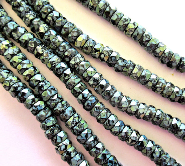 50 6 x 3mm Czech glass faceted rondelle beads - jet black picasso flat spacer beads or rondelles - C00801