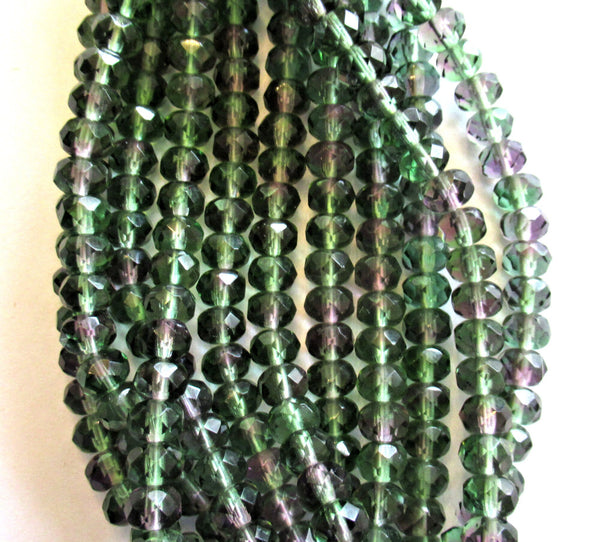 25 5 x 7mm Czech glass puffy rondelles - multicolored mix of transparent purple & green faceted fire polished rondelle beads - C00051