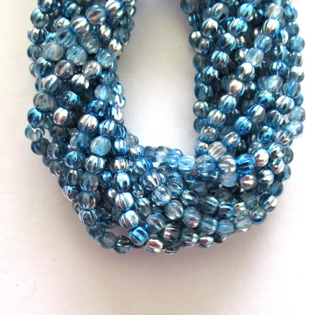 Fifty 5mm Czech glass melon beads - Pressed capri blue half silver beads - 0097