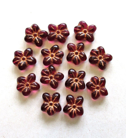 Ten Czech glass flower beads - raspberry pink with copper accents - 14 X 12mm - asymmetrical pressed glass flowers - C0731