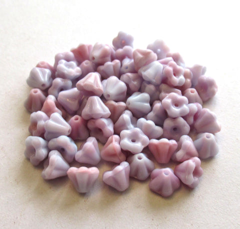 50 Czech glass baby bell flower beads - 6mm x 4mm - opaque marbled light pink and light blue pressed glass beads - C00971