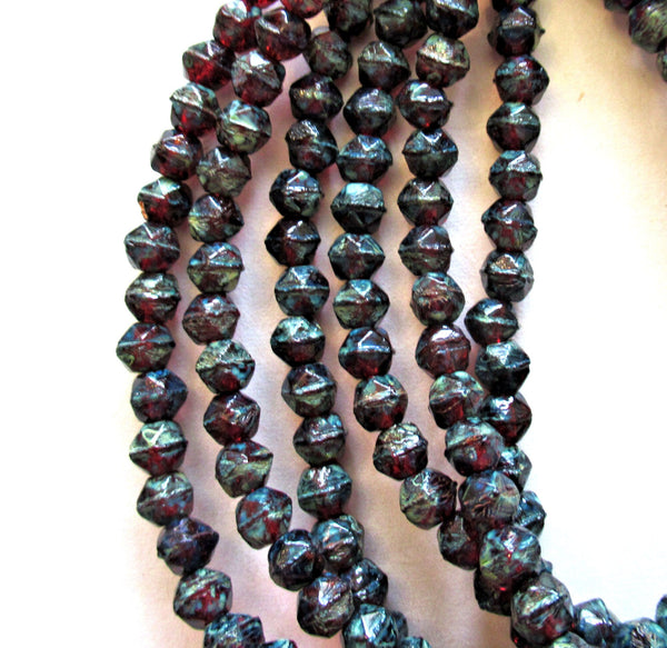 50 4mm Czech glass faceted English cut beads - garnet red with a full picasso finish - rustic earthy beads - C0057