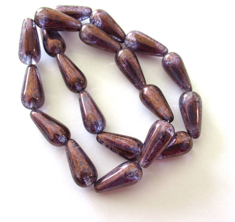 Six Czech glass teardrop beads - amethyst / purple with a bronze finish - 9 x 20mm elongated tear drops 00311