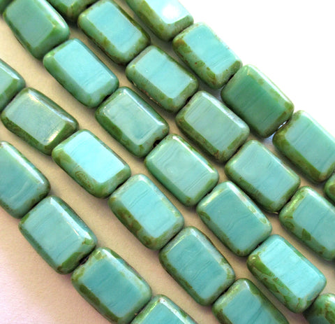 24 Czech glass rectangle beads - Opaque Turquoise Green Picasso - 12mm x 8mm - table cut beads - C00342