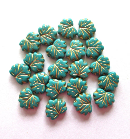 10 Czech glass maple leaf beads - opaque tiffany green leaves with gold accents - center drilled 13 x 11mm leaves C00201