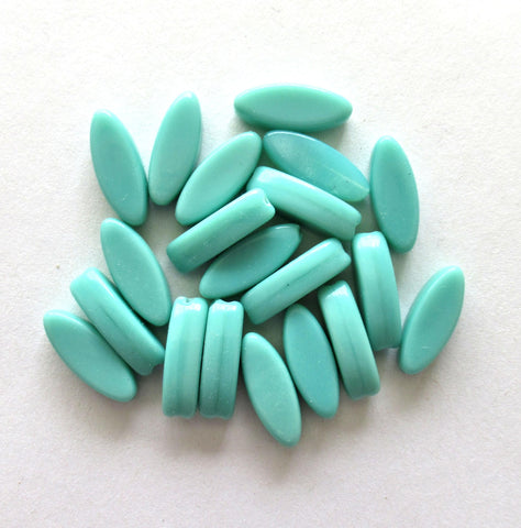 Ten Czech glass green spindle beads - 16 x 6mm - opaque light turquoise green - oblong oval pressed glass beads - C0007