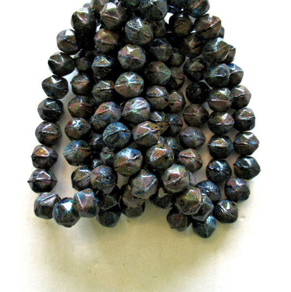 20 8mm Czech glass faceted English cut beads - dark blue with a full picasso coat - rustic earthy beads - C0089