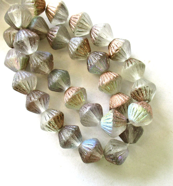 Five Czech glass bicones - 11mm x 10mm - frosted crystal clear with copper & ab accents - carved, chunky, rustic bicone beads C0095