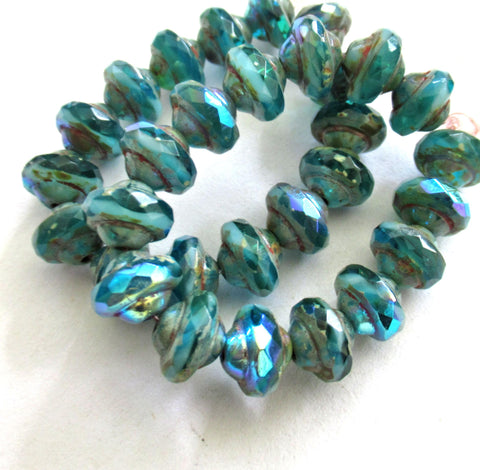 15 Czech glass mini saturn beads - 6 x 8mm opaque & transparent teal blue green ab picasso beads - faceted fire polished saucer beads- 00842