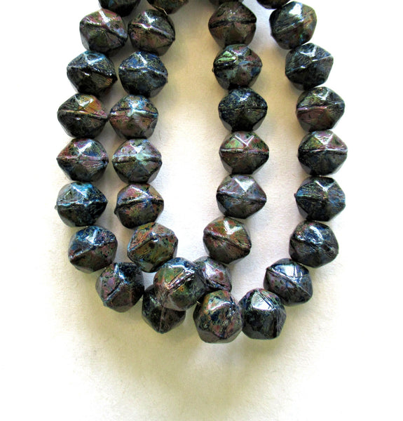 20 8mm Czech glass faceted English cut beads - dark blue with a full picasso coat - rustic earthy beads - C0089