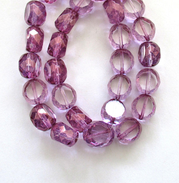 Five 12mm large Czech glass beads - purple & crystal window beads - table cut chunky statement or focal beads - faceted fire polished beads - 600531