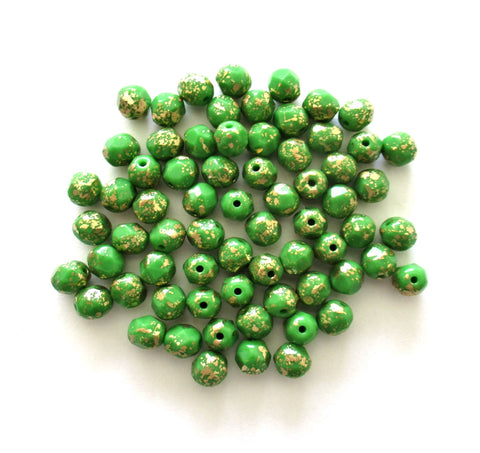 Lot of 25 6mm Czech glass beads - opaque green with splotchy gold specks - fire polished faceted round beads - C0027