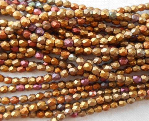 50 3mm Czech Matte Metallic Gold Iris glass beads, round faceted firepolished beads, C1550