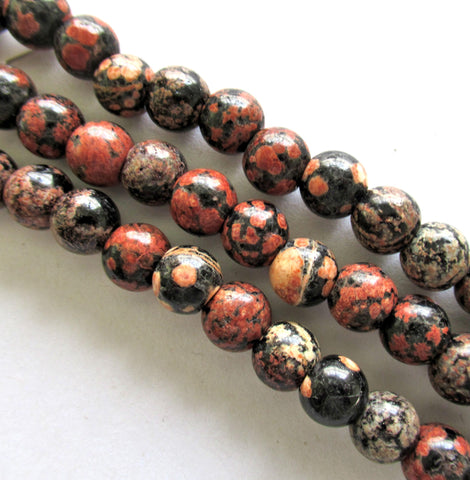 8mm Mexican Red Snowflake Obsidian smooth round beads - big hole semiprecious stone beads - 28 beads - 8.5 inch strand