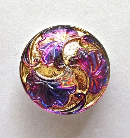 One 28mm iridescent Czech glass button - pink orange and purple w/ gold accents - art nouveau stylized leaves decorative shank button 000833