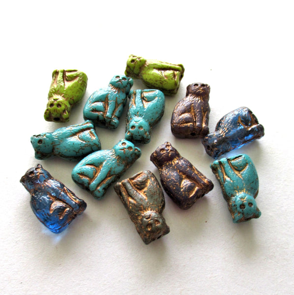 Ten Czech glass cat beads - color mix of opaque & transparent cats with a bronze wash - 15 x 10mm - C00661