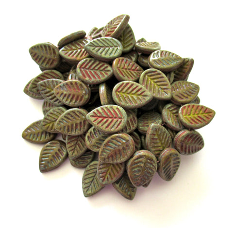 Ten large Czech glass leaf beads - side drilled artichoke green beads with a coral wash- 12 x 16mm carved beads C00831