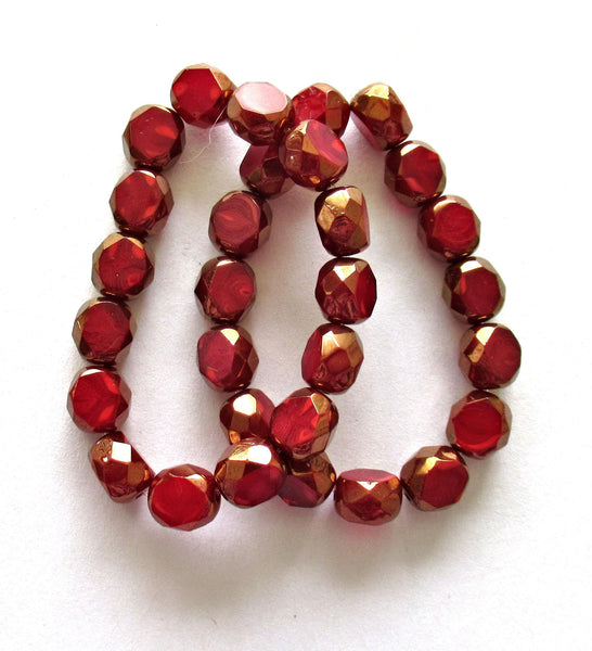 Dual faceted Czech glass beads - 8mm - marbled red silk - 2 cut table cut - thick window beads - 10 pcs - 00051