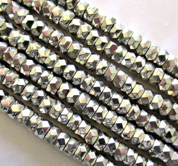 Fifty 6 x 3mm Czech glass faceted rondelle beads - metallic silver spacer beads - C00101