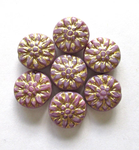 Six Czech glass Dahlia flower beads - 14mm light purple and pink silk mix floral beads w/ gold wash - puffy coin or disc beads - C00051