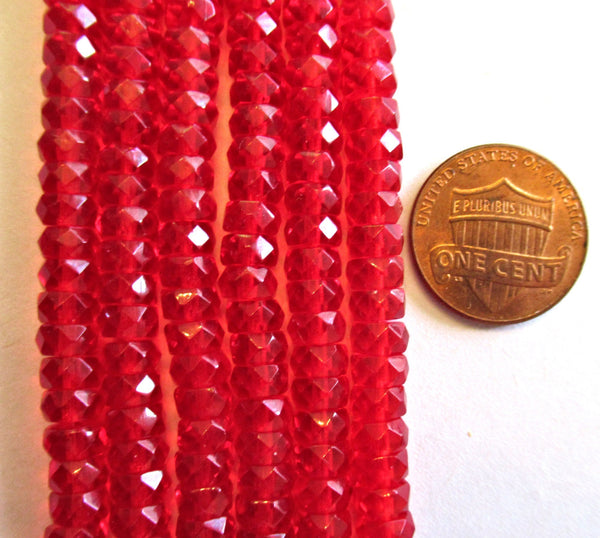 50 6 x 3mm Czech glass faceted rondelle beads - transparent bright siam red spacers or rondelles C0048