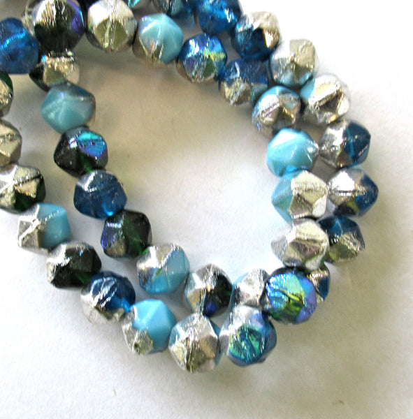 20 8mm Czech glass faceted English cut beads - opaque and transparent blue & green beads with silver accents - C00351