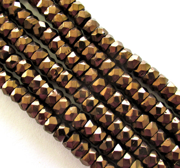 50 6 x 3mm Czech glass faceted rondelle or spacer beads - metallic dark bronze / brown faceted rondelles / spacers - C00801